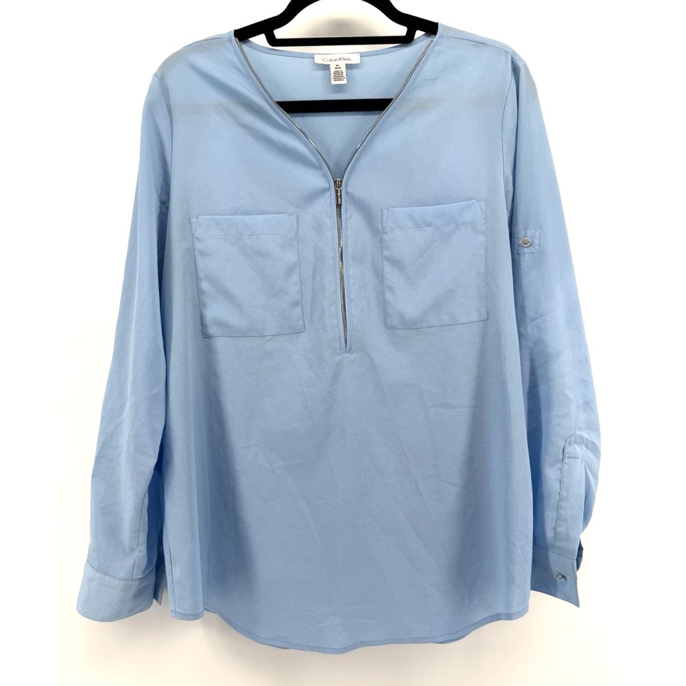 Calvin Klein Casual Top Blue V Neck 1/4 Zip Pocket Roll Tab Sleeves Women M EUC